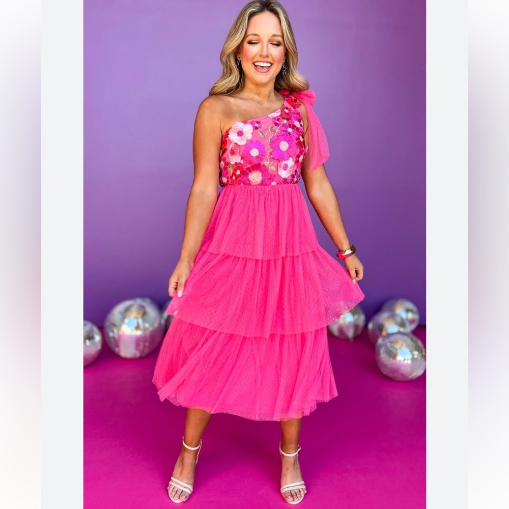 Entro Pink Ruffle Flower Tulle Midi Dress